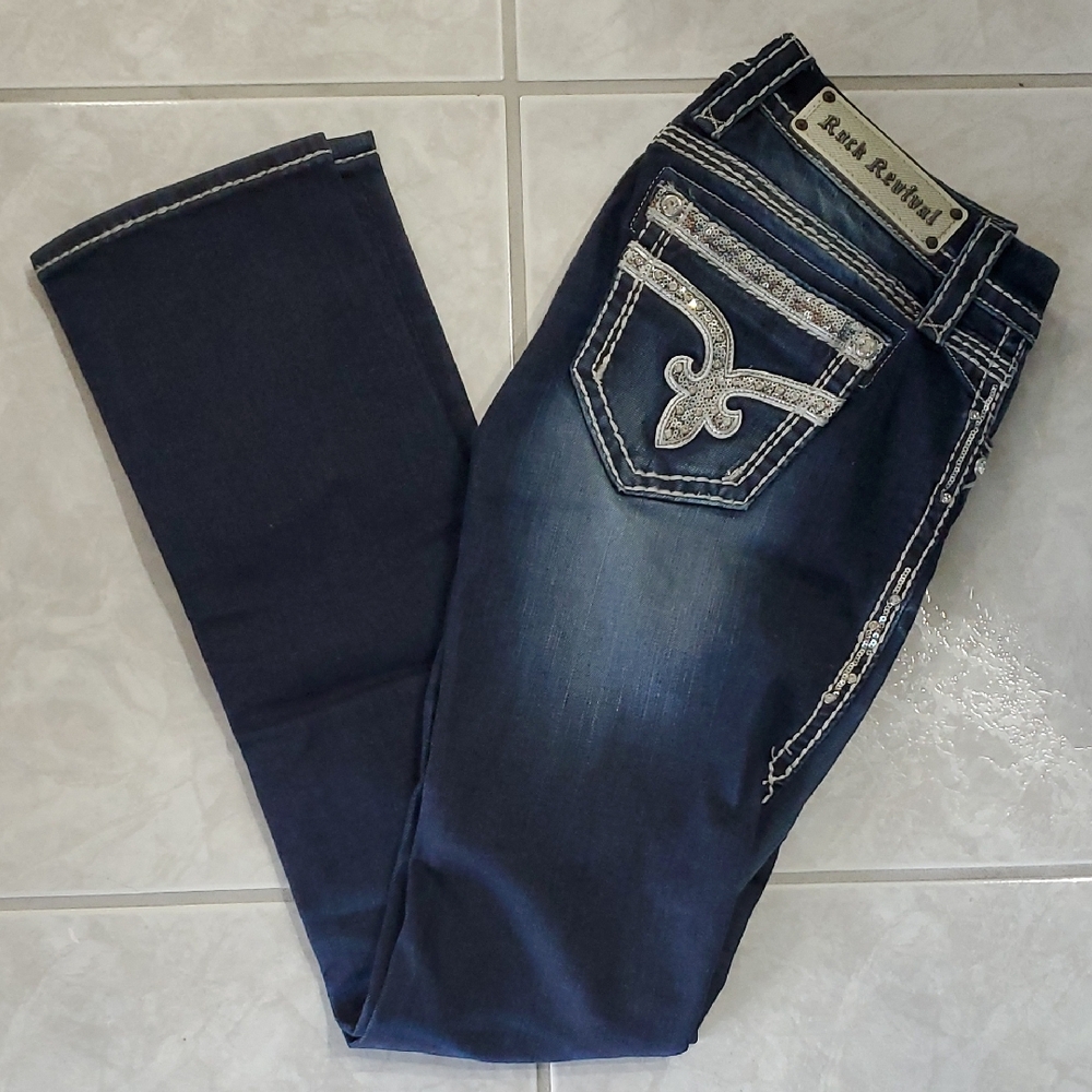 Rock Revival Blue Straight Leg Jeans with Fading Effects